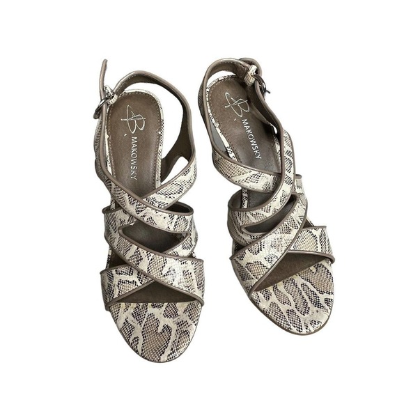 B. Makowsky Adele Leather Snakeskin Platform Heels 7 M Strappy Sandal Taupe - Picture 3 of 10